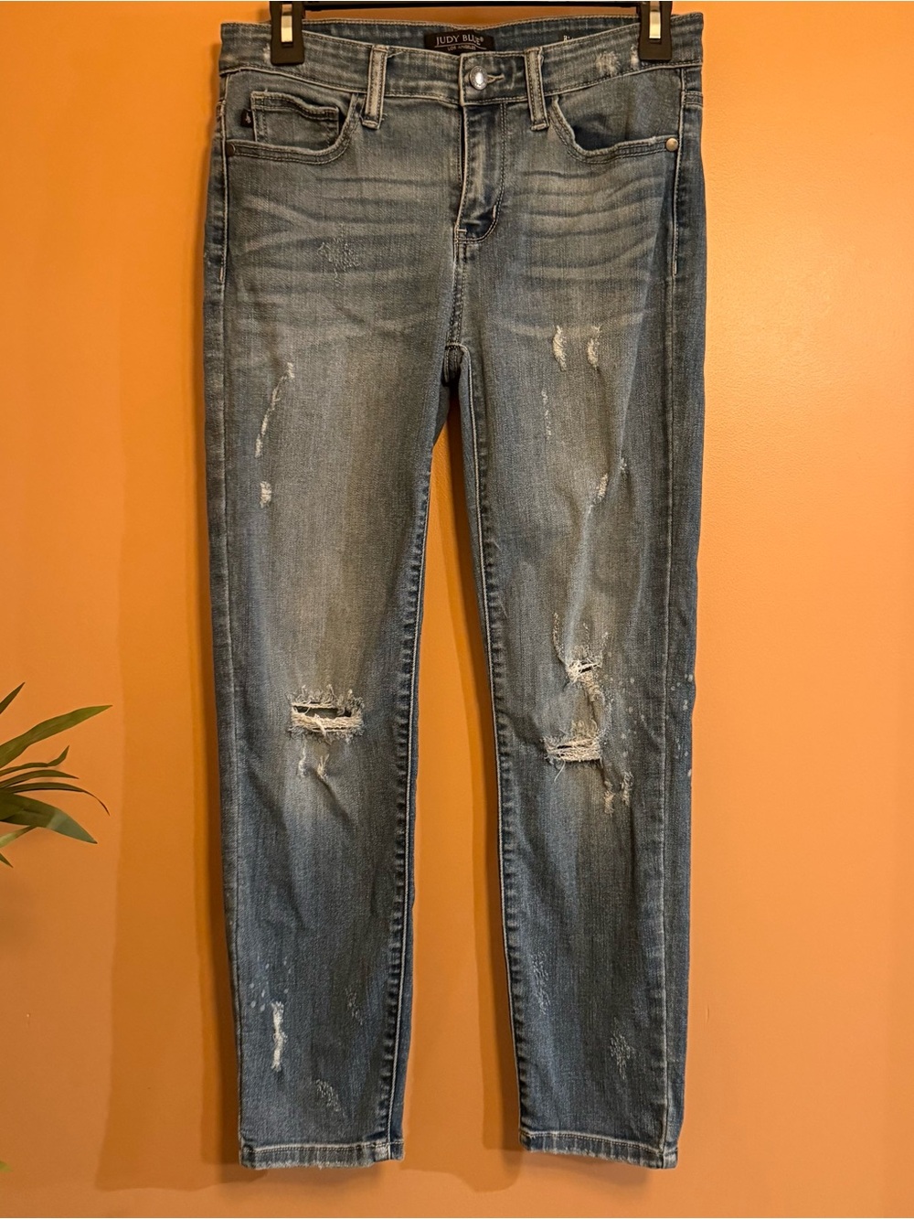 Judy Blue Jeans Womens 7/28 Relaxed Straight Leg Distressed Stretch Denim